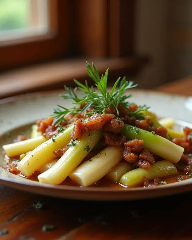 Plat final de poireaux braisés aux lardons fumés sur une table rustique, mettant en valeur la recette poireaux lardons avec une touche d'herbes fraîches.