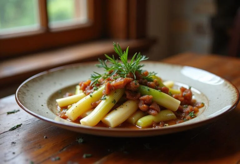 Plat final de poireaux braisés aux lardons fumés sur une table rustique, mettant en valeur la recette poireaux lardons avec une touche d'herbes fraîches.