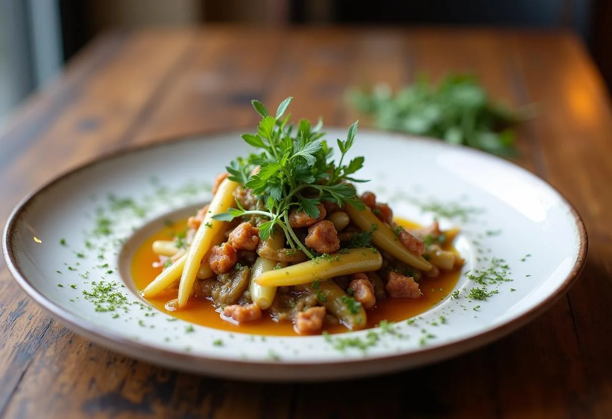 Plat final de poireaux braisés aux lardons fumés sur une table rustique, mettant en valeur la recette poireaux lardons avec une touche d'herbes fraîches.