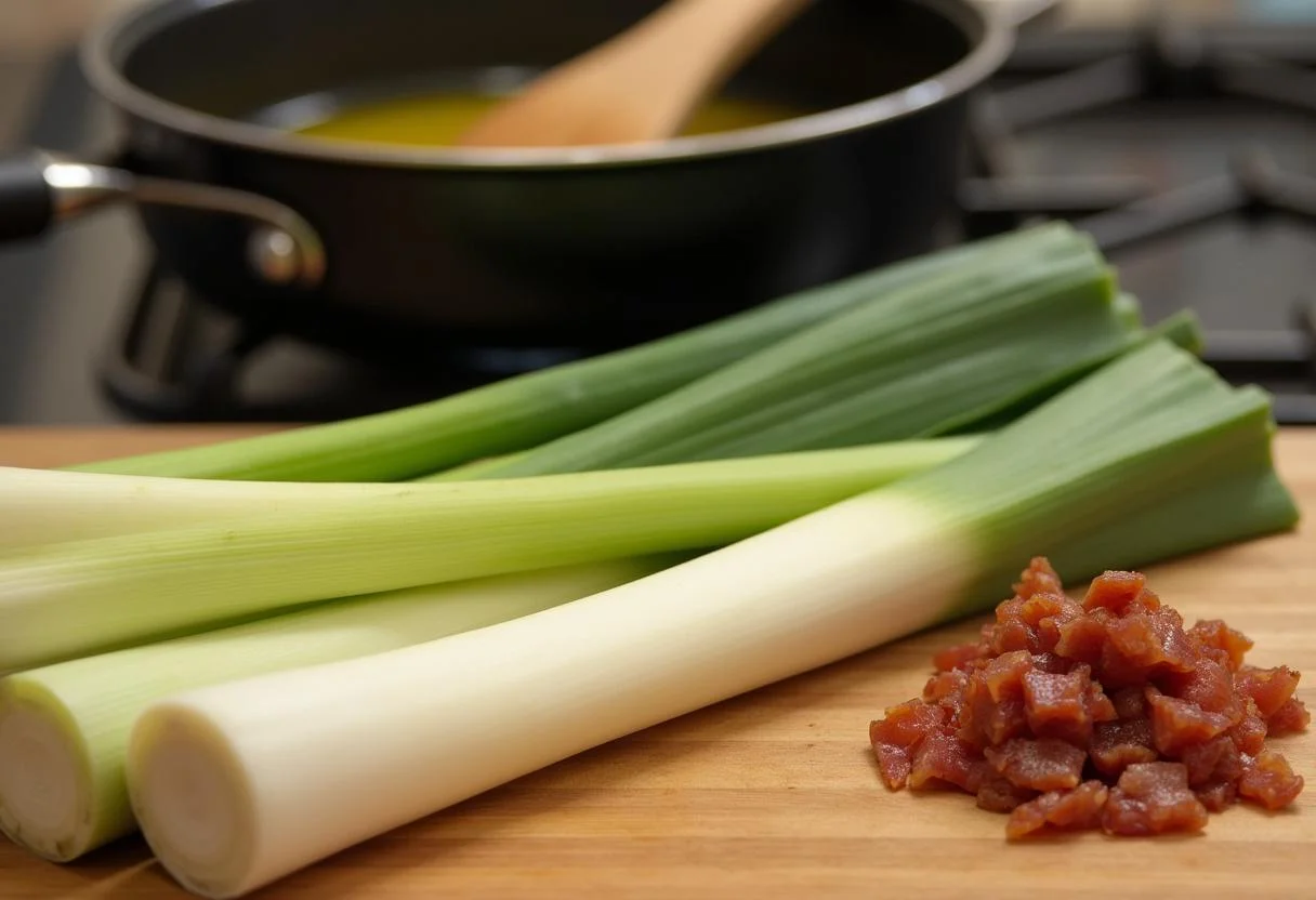 Étape de préparation de la recette poireaux lardons avec des poireaux frais coupés et des lardons fumés sur une planche en bois.