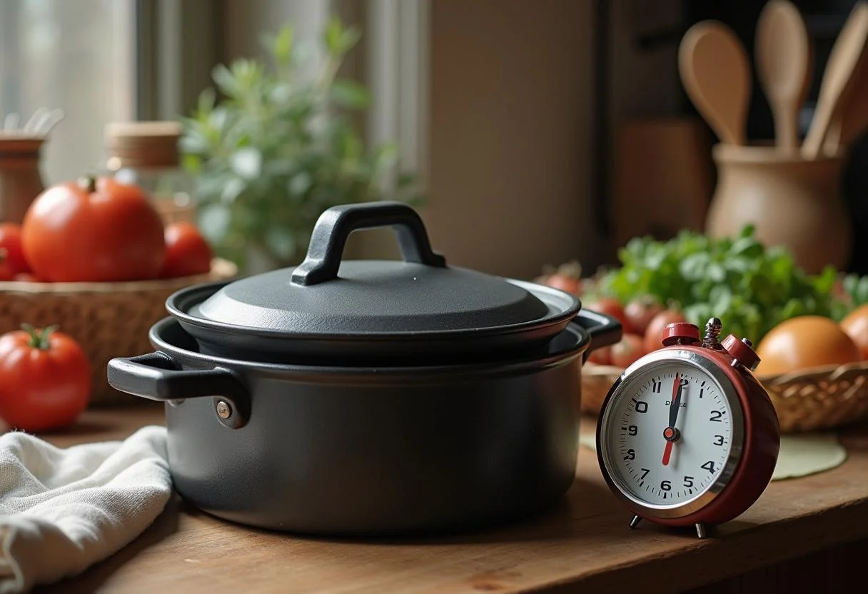 Casserole couverte pour la recette poireaux et lardons, avec un minuteur sur le plan de travail, créant une ambiance de cuisine chaude.
