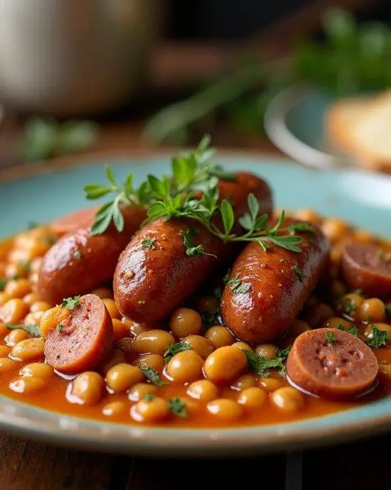 Plat de pois cassés mijotés à la saucisse, garni d'herbes, idéal pour les amateurs de la recette de pois cassé saucisse.