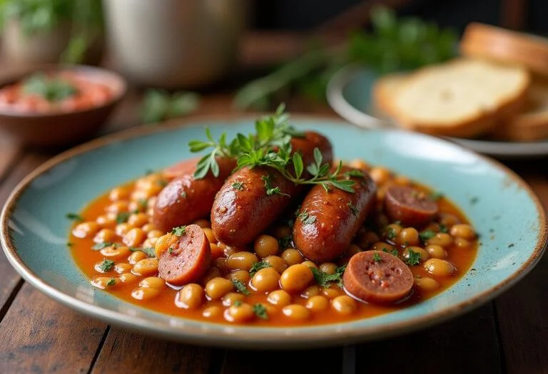 Plat de pois cassés mijotés à la saucisse, garni d'herbes, idéal pour les amateurs de la recette de pois cassé saucisse.