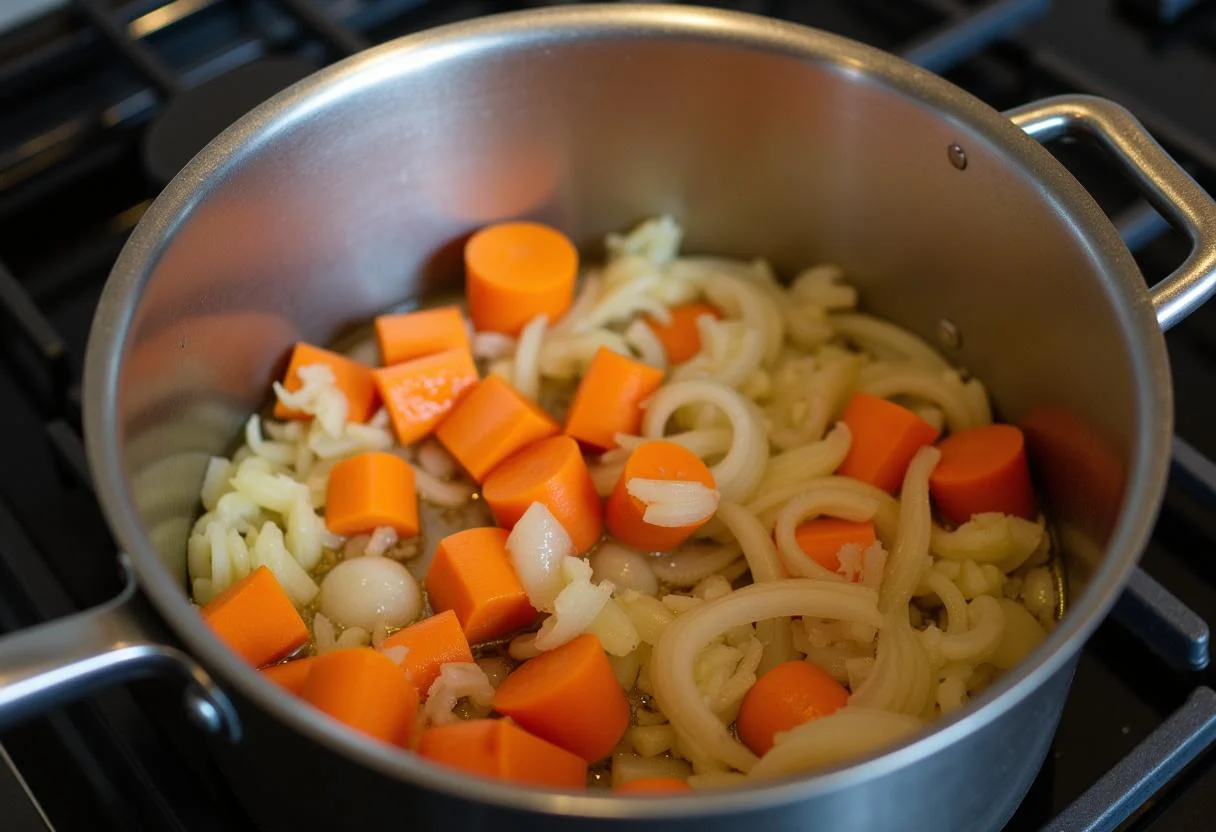 Préparation des légumes dans une casserole pour la recette de pois cassé saucisse.