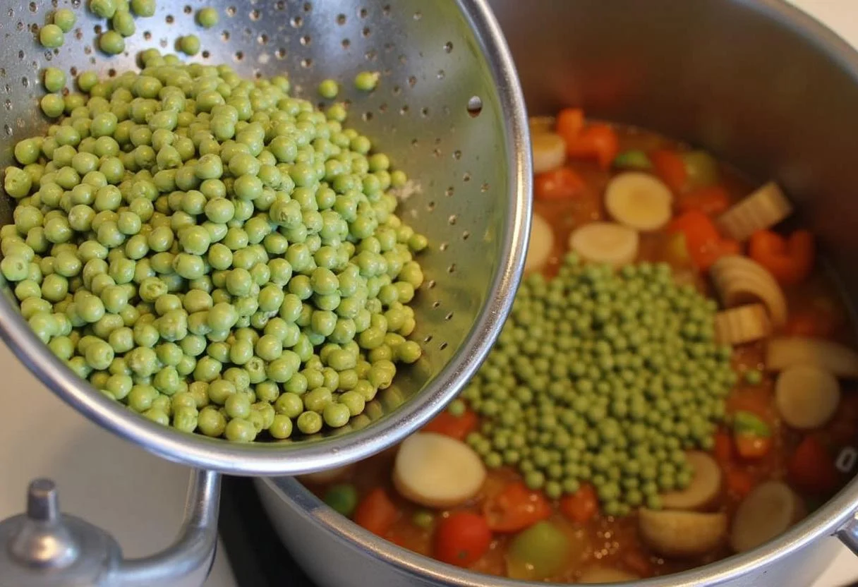Pois cassés rincés dans une passoire, prêts à être ajoutés à la casserole pour la recette pois cassé saucisse.