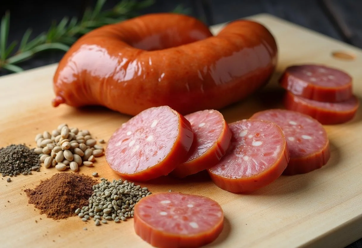 Saucisses coupées sur une planche à couper, avec des herbes pour la recette de pois cassé saucisse.