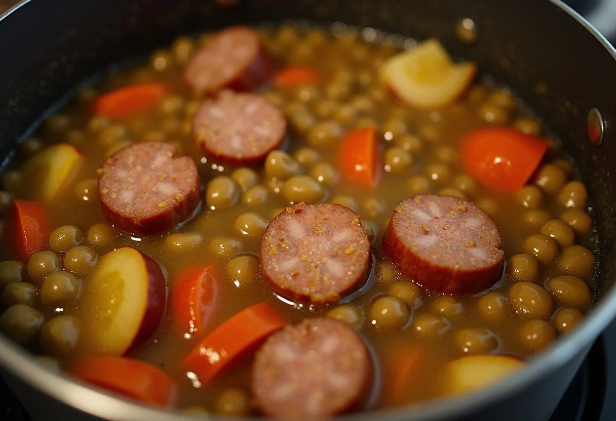 Mijotage des pois cassés, des légumes et des saucisses dans une casserole, illustrant la recette de pois cassé saucisse.