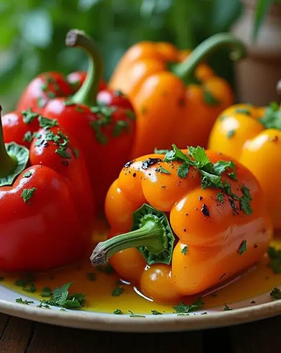 Poivrons grillés au four joliment présentés sur une table en bois rustique, recette de poivrons grillés au four marinés.