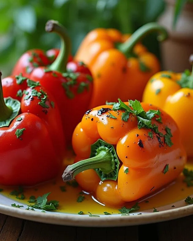 Poivrons grillés au four joliment présentés sur une table en bois rustique, recette de poivrons grillés au four marinés.