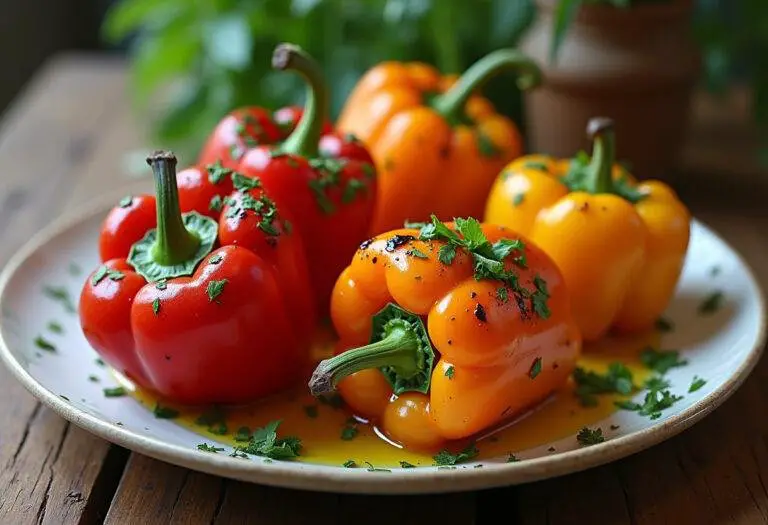 Poivrons grillés au four joliment présentés sur une table en bois rustique, recette de poivrons grillés au four marinés.