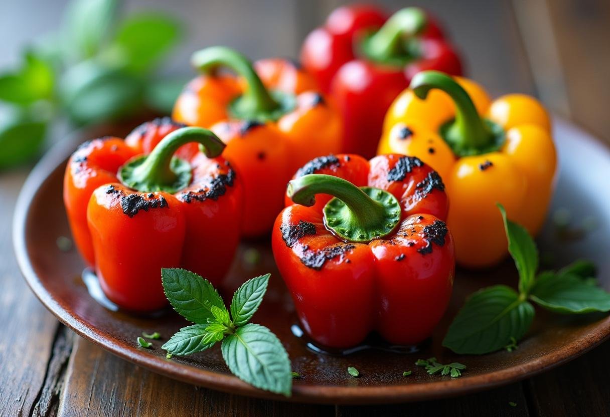 Poivrons grillés au four joliment présentés sur une table en bois rustique, recette de poivrons grillés au four marinés.