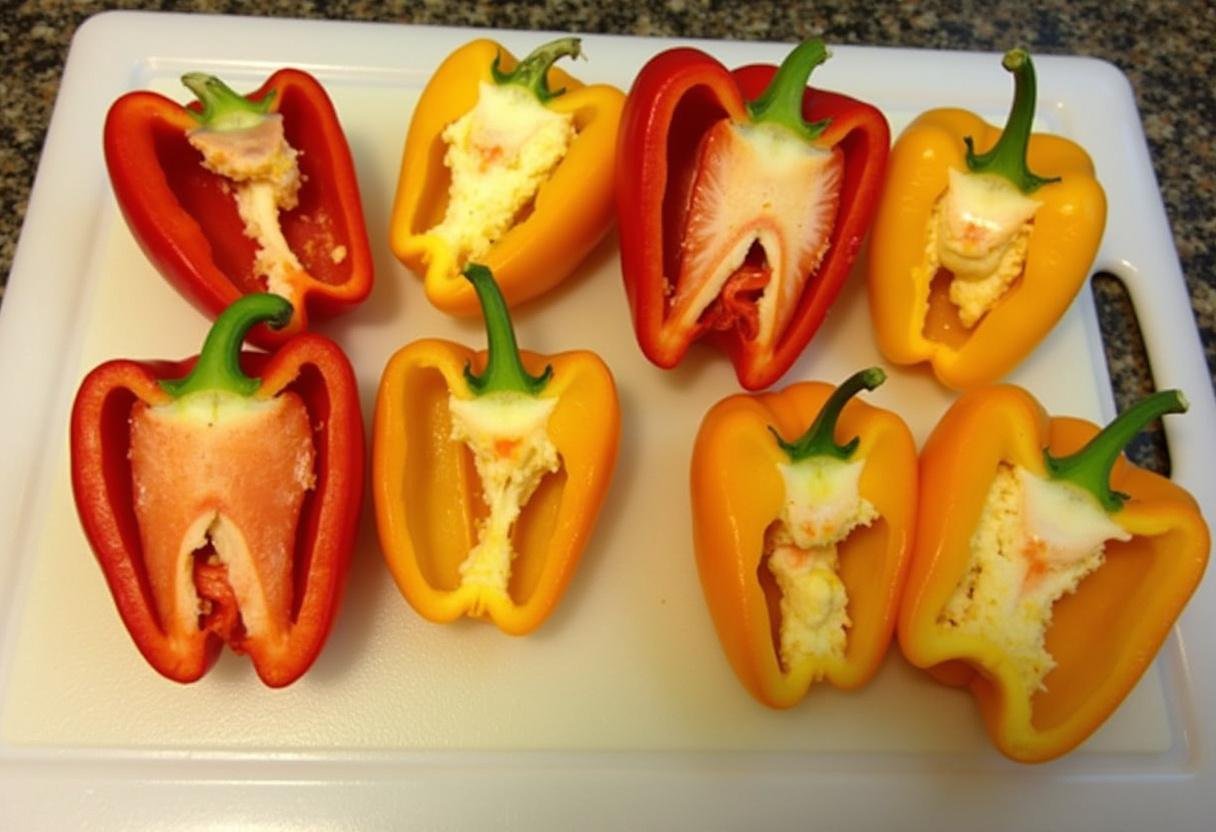 Poivrons frais lavés et coupés en deux sur une planche à découper, étape de préparation pour les poivrons grillés au four.