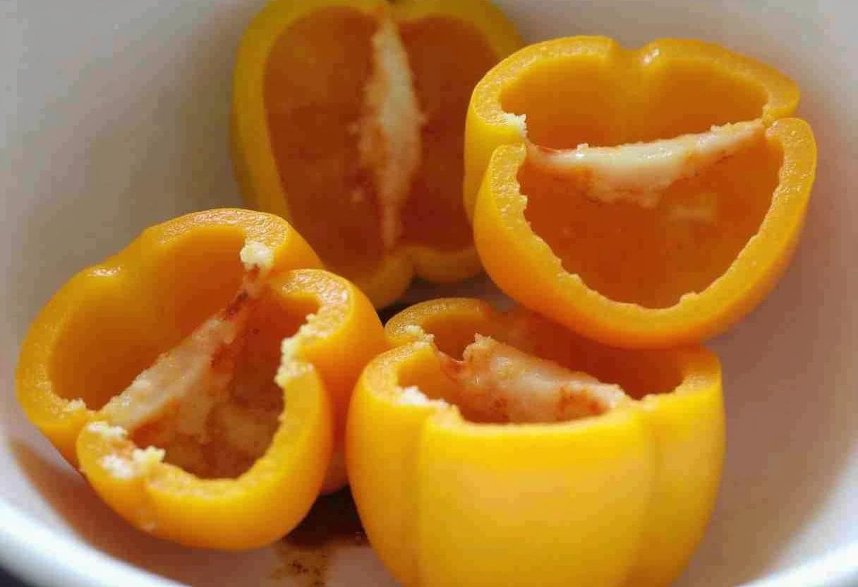 Un bol de mélange avec de l'huile d'olive, de l'ail émincé, du sel et du poivre, marinant des poivrons pour la recette de poivrons grillés au four.