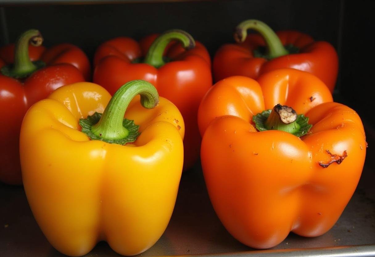 Poivrons grillés au four cuits et dorés sur la plaque, étape de cuisson pour des poivrons grillés au four marinés.