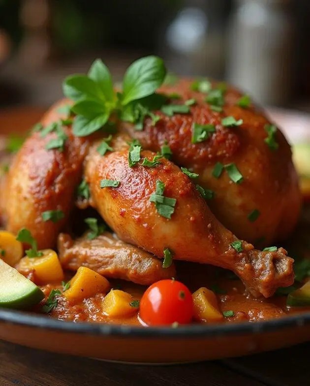 Présentation du poulet basquaise de ma grand-mère, plat emblématique, sur une table élégamment dressée, prêt à être dégusté.