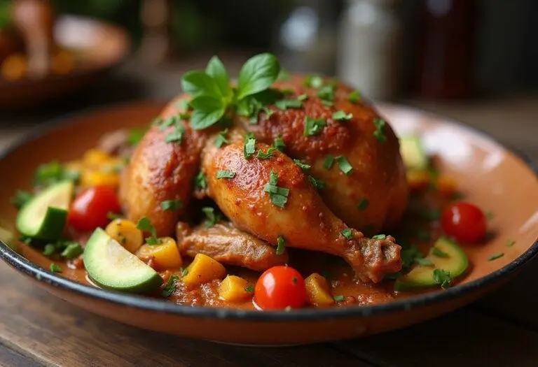 Présentation du poulet basquaise de ma grand-mère, plat emblématique, sur une table élégamment dressée, prêt à être dégusté.