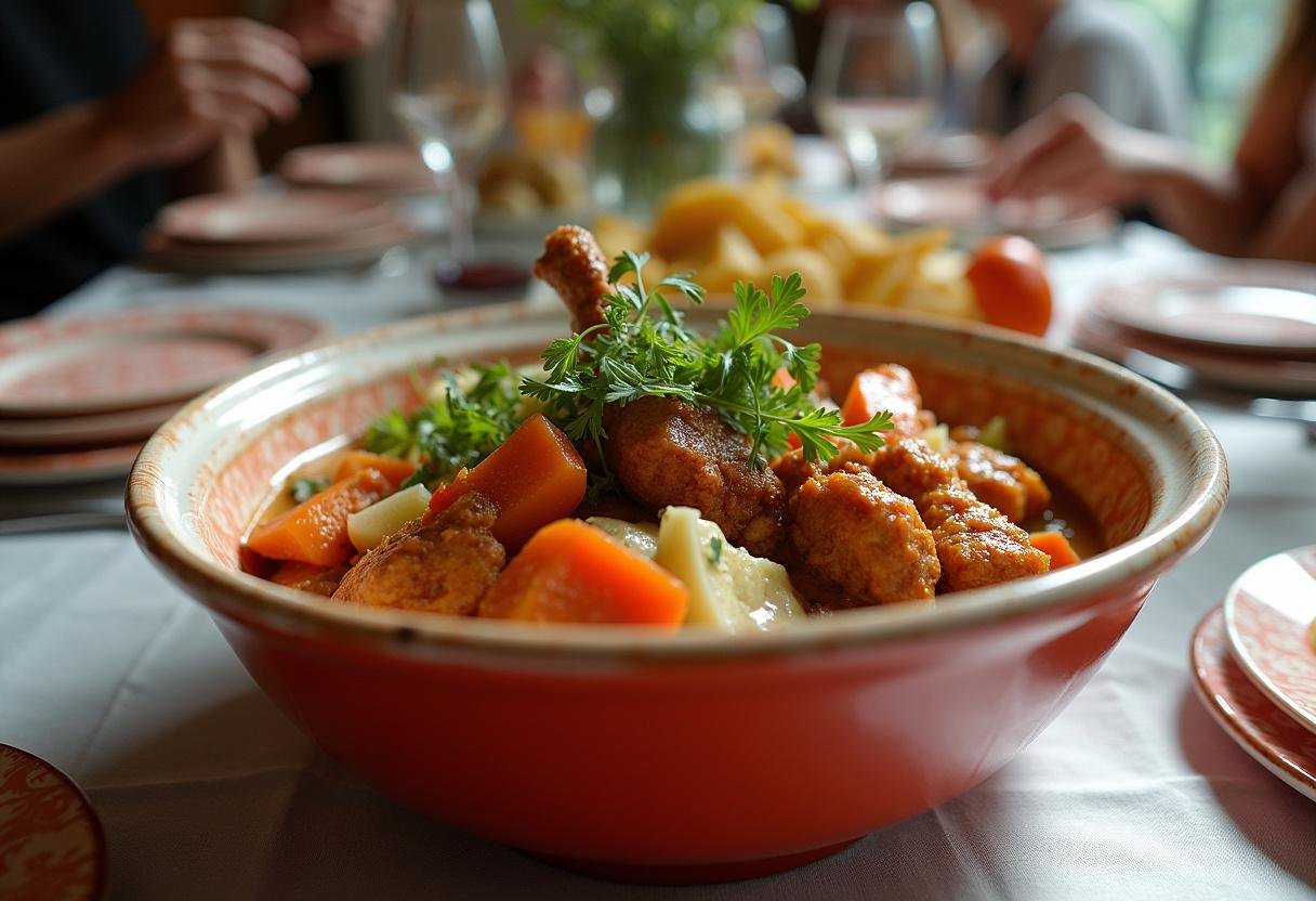 Présentation du poulet basquaise de ma grand-mère, plat emblématique, sur une table élégamment dressée, prêt à être dégusté.