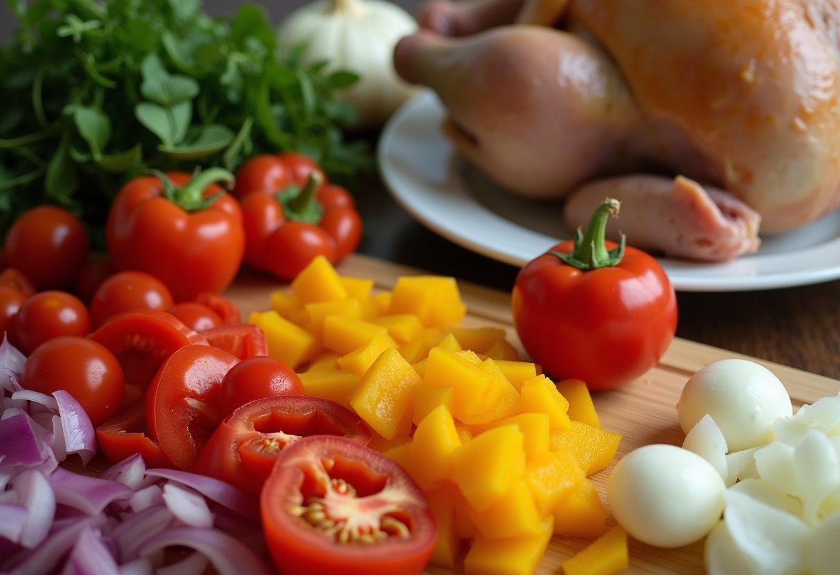Préparation des ingrédients pour le poulet basquaise de ma grand-mère: poivrons, tomates et oignons frais hachés sur une planche à découper.