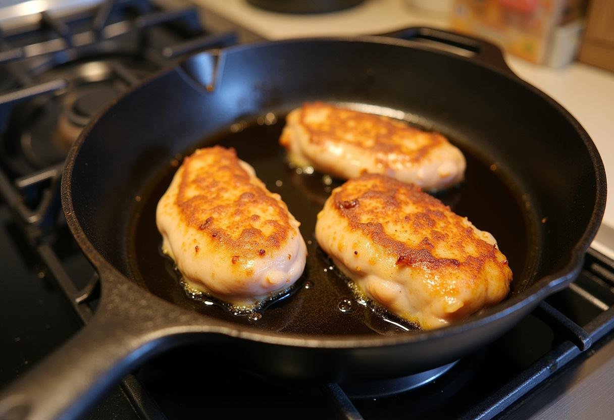 Cuisson du poulet basquaise de ma grand-mère dans une grande poêle en fonte, avec de l'huile d'olive chaude et des morceaux de poulet ajoutés.
