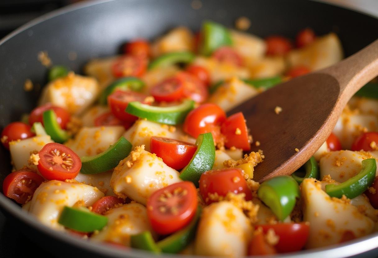 Mélange de légumes hachés, poivrons, oignons et tomates dans la poêle avec le poulet basquaise de ma grand-mère en train de mijoter.