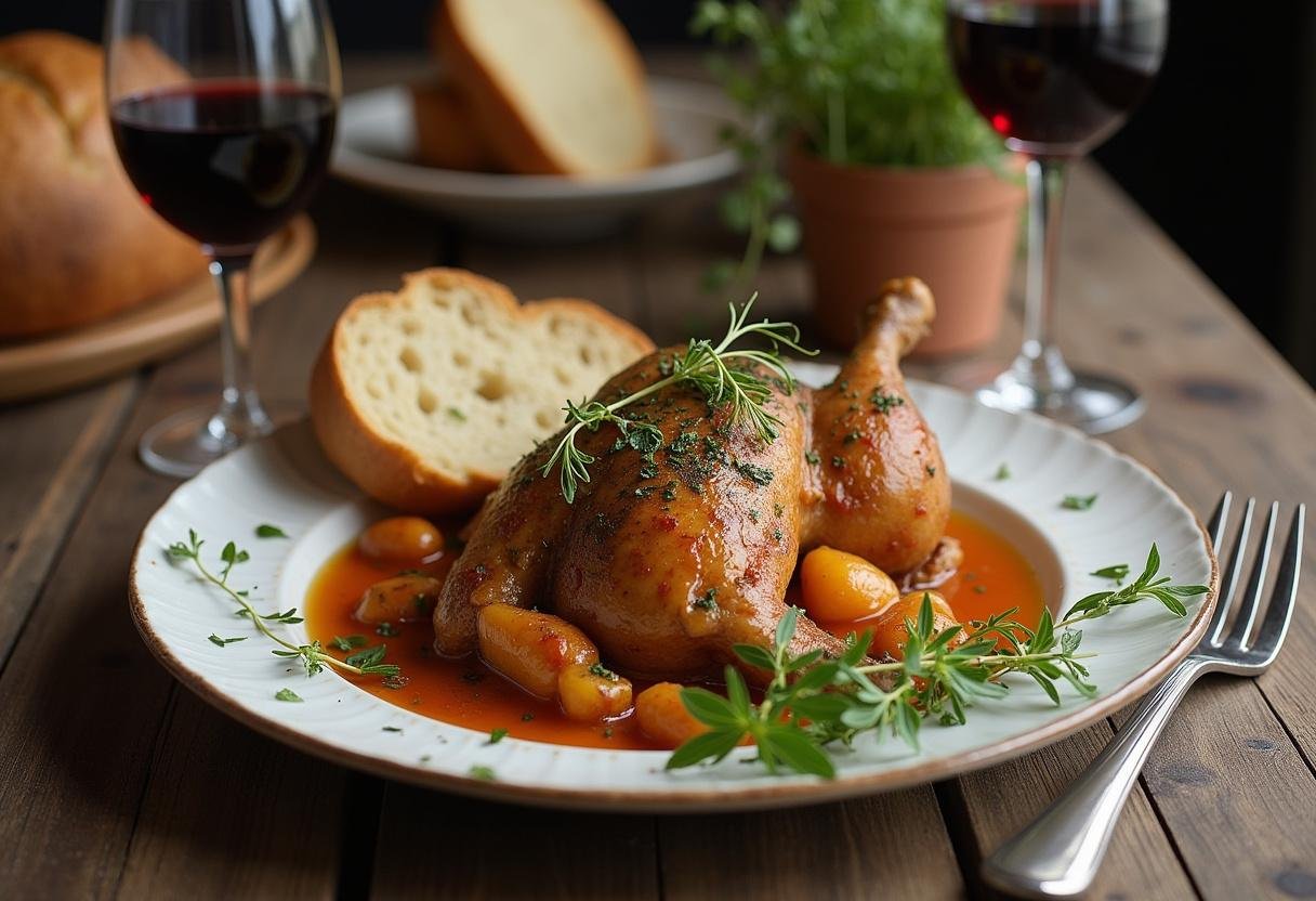 Service du poulet basquaise traditionnel dans une assiette, garni d'herbes fraîches et accompagné de pain croûté et d'un verre de vin rouge.