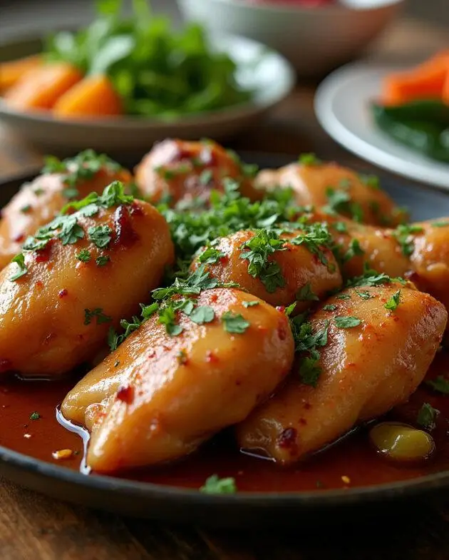 Plateau de poulet braisé savoureux et tendre, avec des herbes fraîches sur une table en bois rustique, mettant en valeur un menu de poulet braisé appétissant.