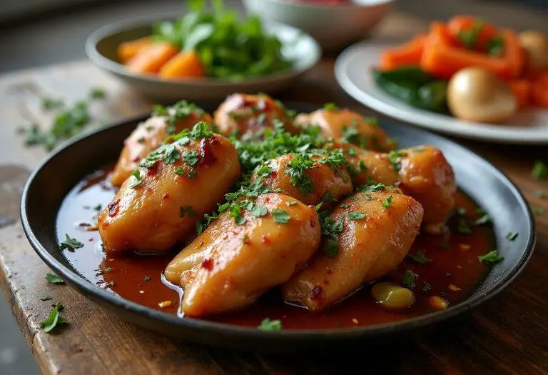 Plateau de poulet braisé savoureux et tendre, avec des herbes fraîches sur une table en bois rustique, mettant en valeur un menu de poulet braisé appétissant.