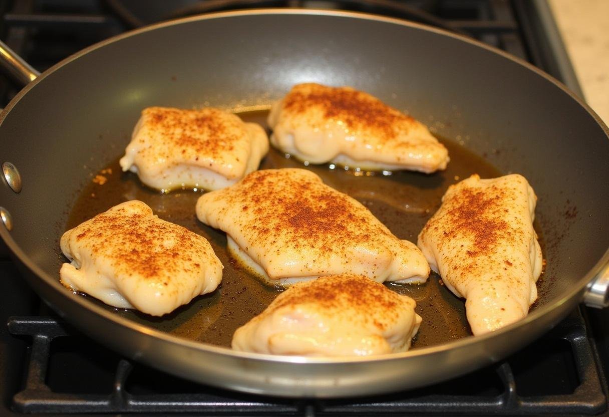 Préparation du poulet braisé avec de l'huile d'olive dans une poêle, montrant le poulet doré sur chaque côté pour un menu poulet braisé délicieux.