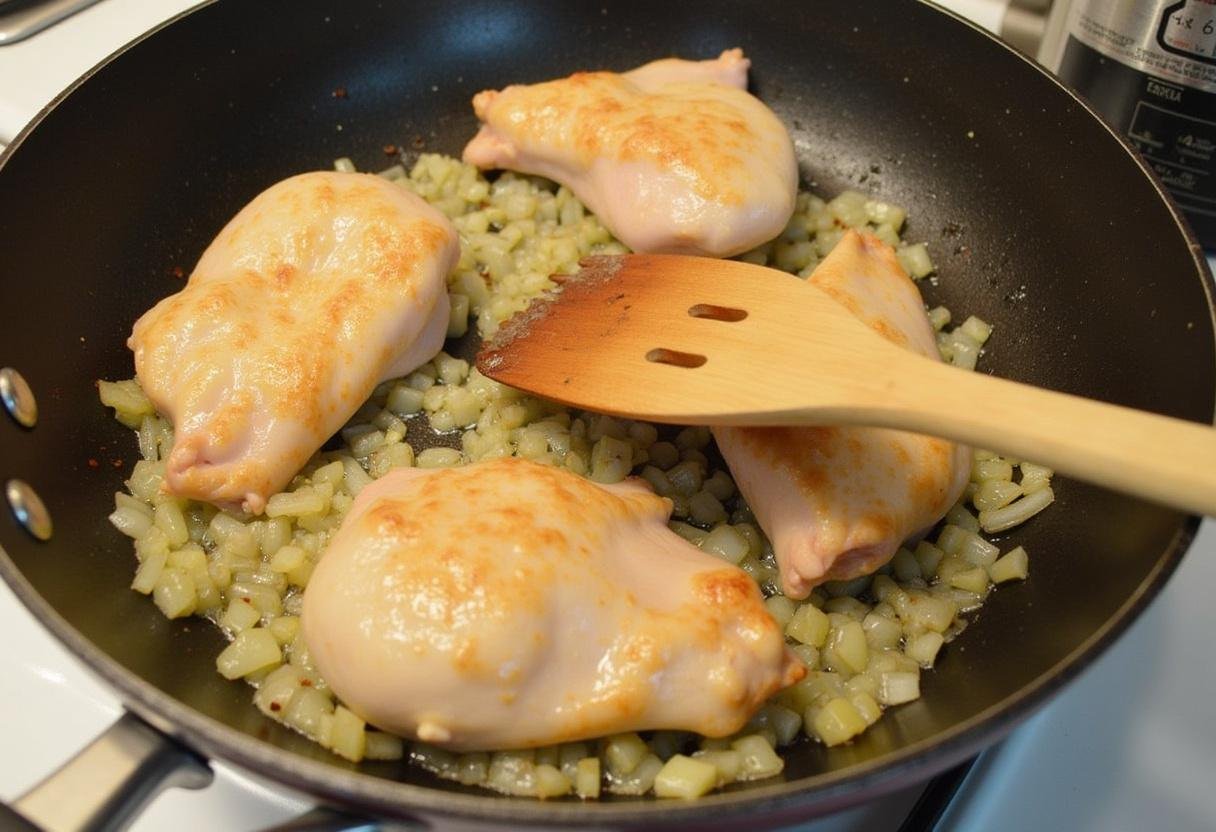 Faisant sauter de l'ail haché et des oignons émincés dans la poêle, créant une base pour une savoureuse sauce verte pour poulet braisé.