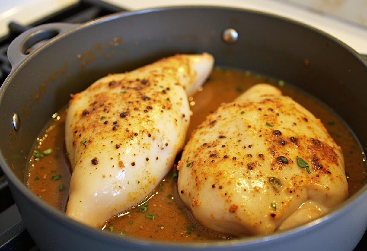 Le poulet mijotant à feu doux avec du bouillon de poulet et des herbes de Provence, créant une recette authentique de poulet braisé menu.