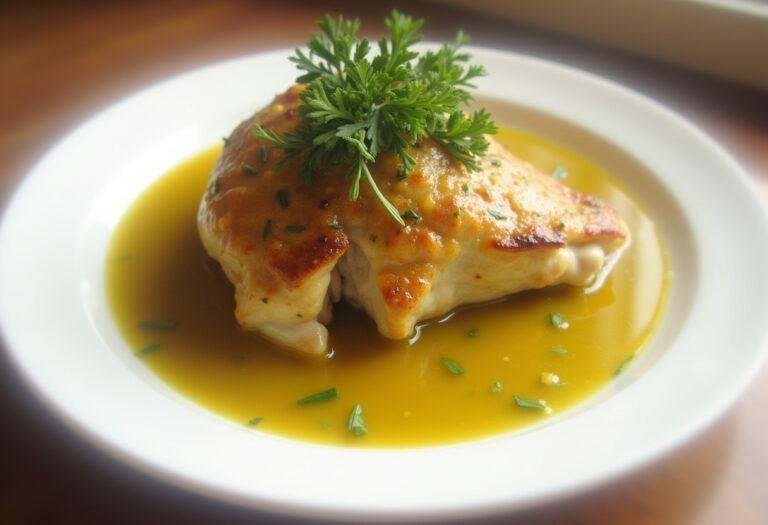 Poulet onctueux à la sauce moutarde servi dans une assiette blanche, délicatement garni d'herbes fraîches.