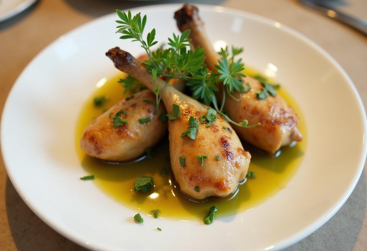 Poulet onctueux à la sauce moutarde servi dans une assiette blanche, délicatement garni d'herbes fraîches.