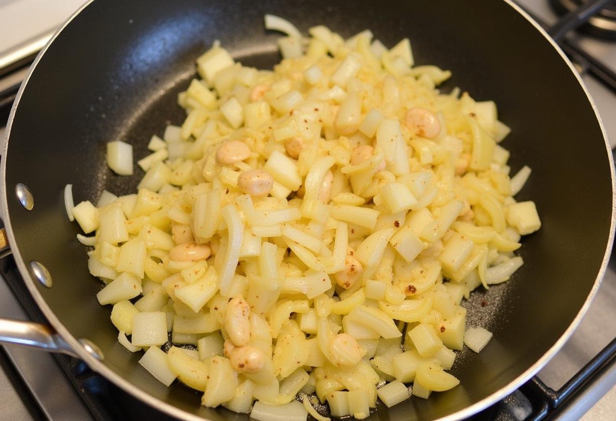 Oignons hachés dans une poêle en train de sauter avec du beurre pour un poulet onctueux sauce moutarde.