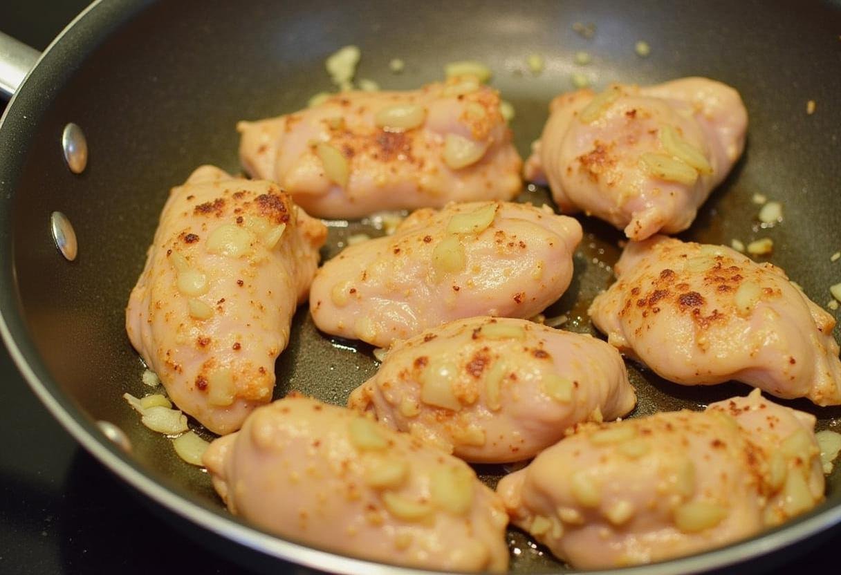 Morçeaux de poulet dorés dans une poêle, absorbeant les saveurs des oignons pour un poulet à la crème moutarde.