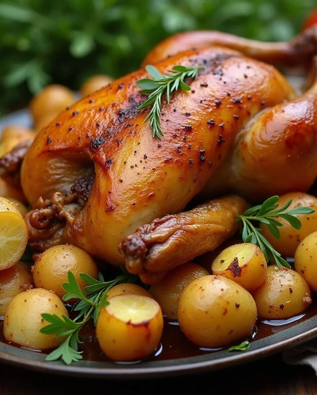 Poulet rôti fermier et pommes de terre dorées joliment présentés sur une table en bois rustique, décorés de fines herbes fraîches pour une présentation appétissante.