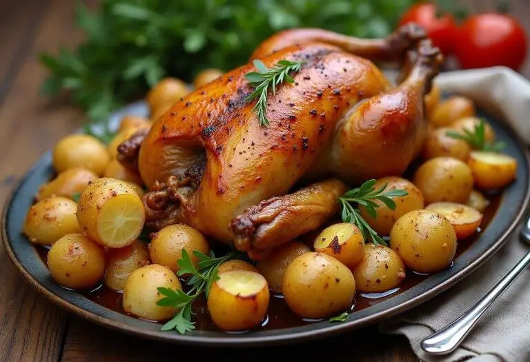 Poulet rÎti fermier et pommes de terre dorées joliment présentés sur une table en bois rustique, décorés de fines herbes fraßches pour une présentation appétissante.