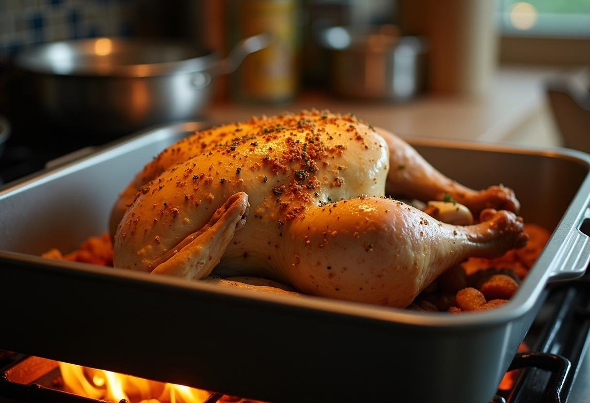 Poulet rĂŽti fermier assaisonnĂ©, prĂȘt Ă ĂȘtre cuit au four avec des herbes et des Ă©pices, dans une cuisine chaleureuse.