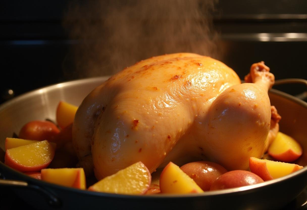 Pommes de terre dorées coupées en quartiers, disposées autour d'un poulet fermier dans un plat à rÎtir, offrant une apparence appétissante et chaleureuse.