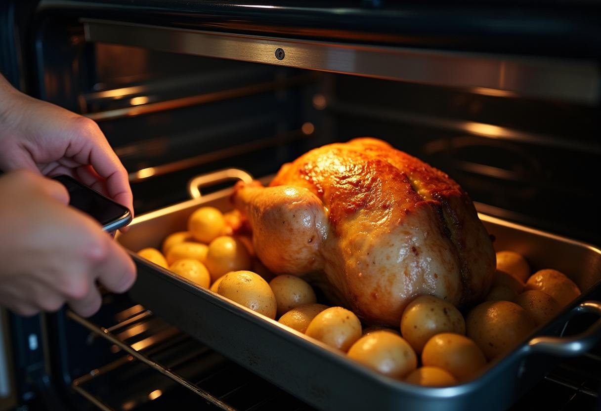 Poulet rĂŽti fermier et pommes de terres dorĂ©es sortant du four, avec une peau croustillante et appĂ©tissante, prĂȘt Ă ĂȘtre dĂ©gustĂ©.
