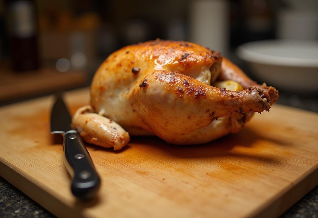 Un couteau à découper posé à cÎté d'un poulet rÎti fermier sur une planche à découper en bois, évoquant le moment de savourer ce plat délicieux.