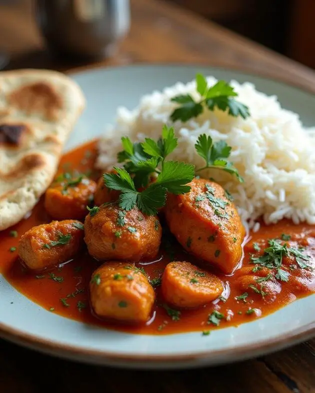 Plat de poulet tikka masala authentique servi avec du riz basmati et du pain naan.