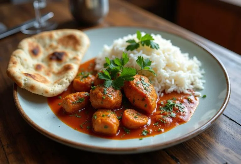 Plat de poulet tikka masala authentique servi avec du riz basmati et du pain naan.