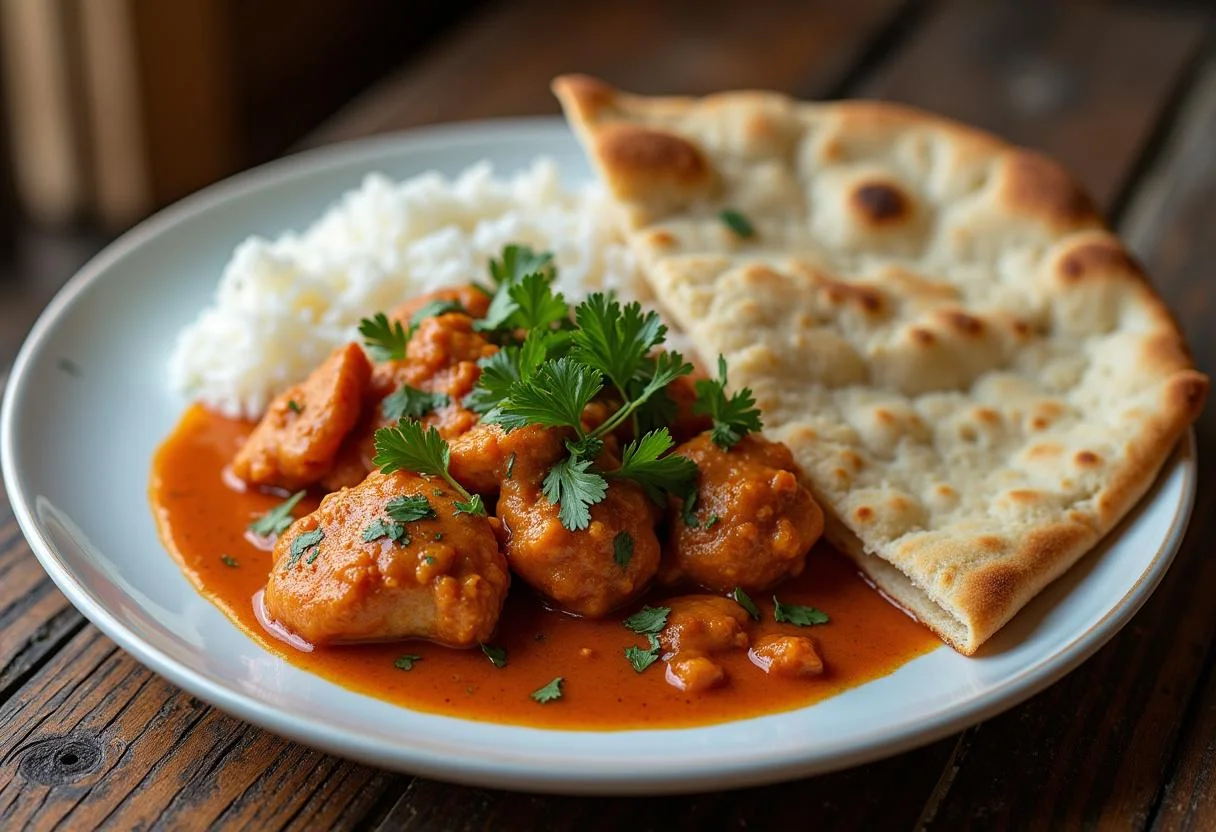 Plat de poulet tikka masala authentique servi avec du riz basmati et du pain naan.