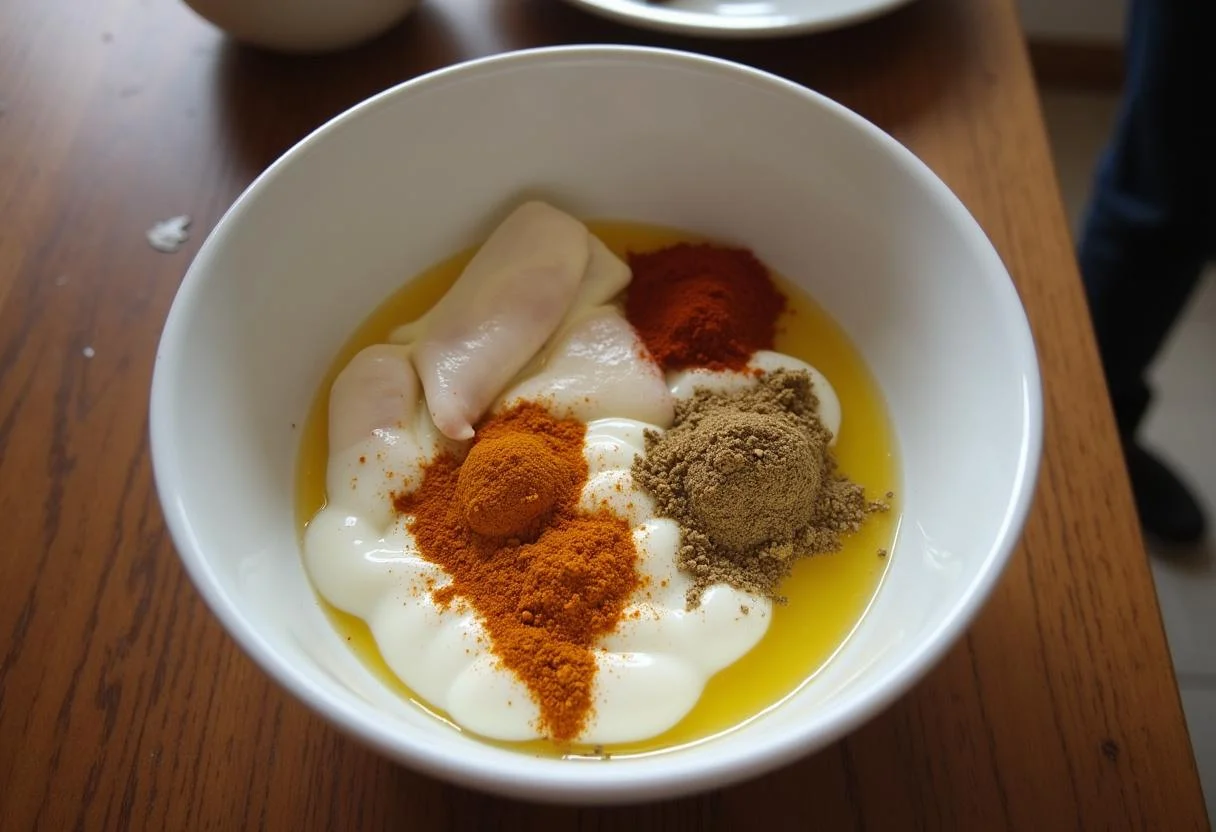 Marinade de poulet dans un bol avec des épices pour la recette poulet tikka masala authentique.