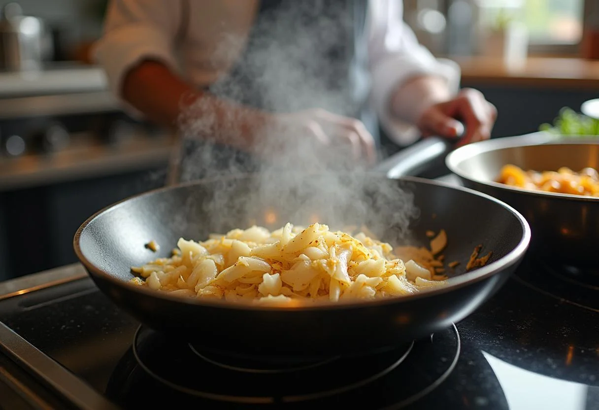 Préparation d'oignons et d'ail dans une cuisine moderne pour une recette de poulet tikka masala authentique.