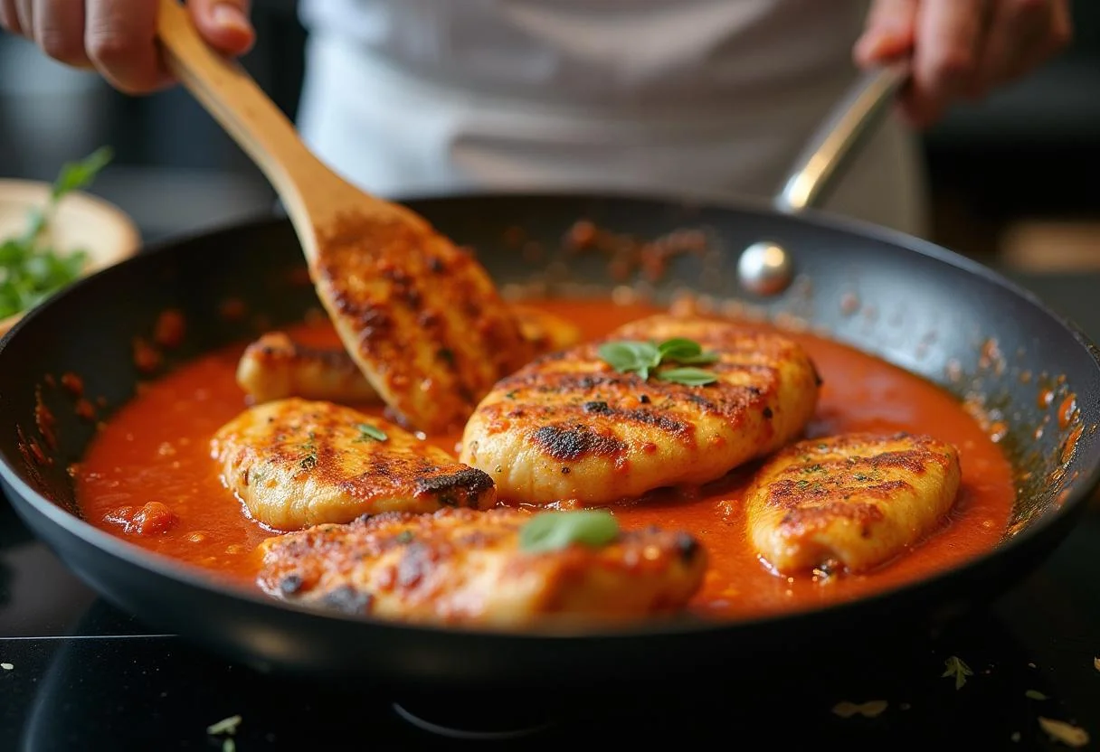 Ajout du poulet grillé dans la sauce pour une cuisine authentique de poulet tikka masala.