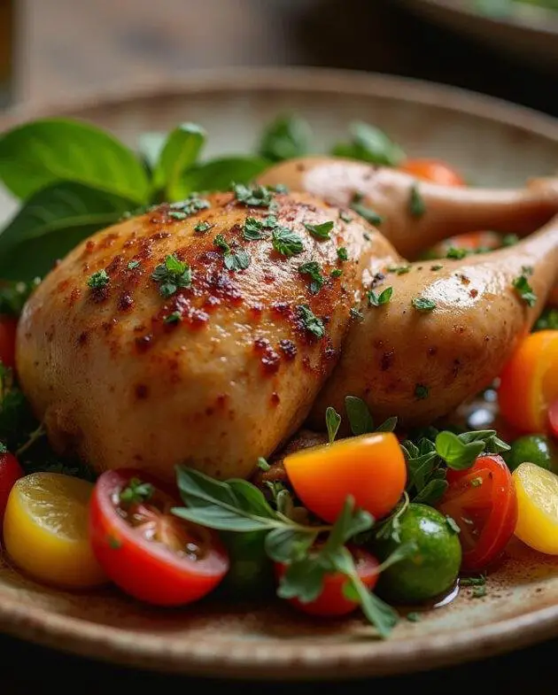 Poulet vallée d'auge servi dans une assiette rustique, décoré d'herbes fraîches et accompagné de légumes de saison.