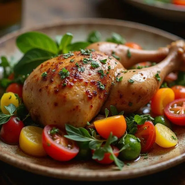 Poulet vallée d'auge servi dans une assiette rustique, décoré d'herbes fraîches et accompagné de légumes de saison.