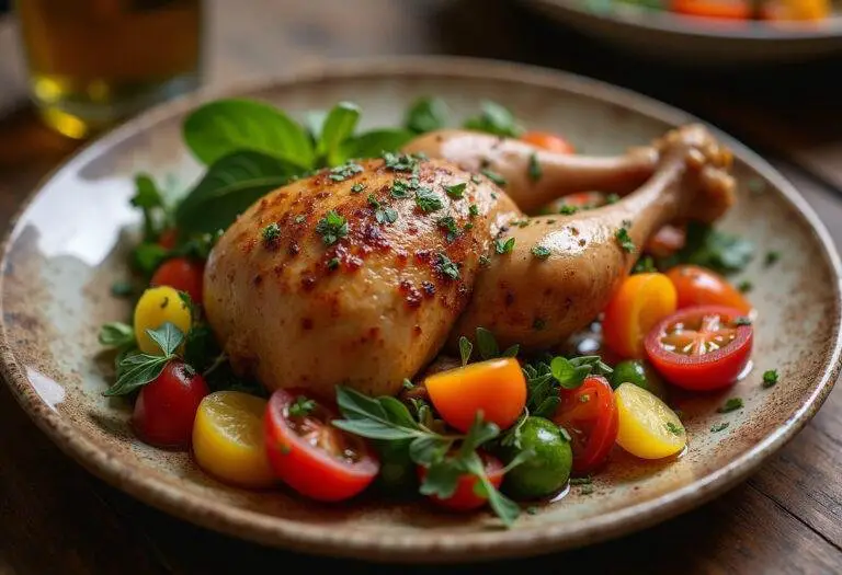 Poulet vallée d'auge servi dans une assiette rustique, décoré d'herbes fraîches et accompagné de légumes de saison.