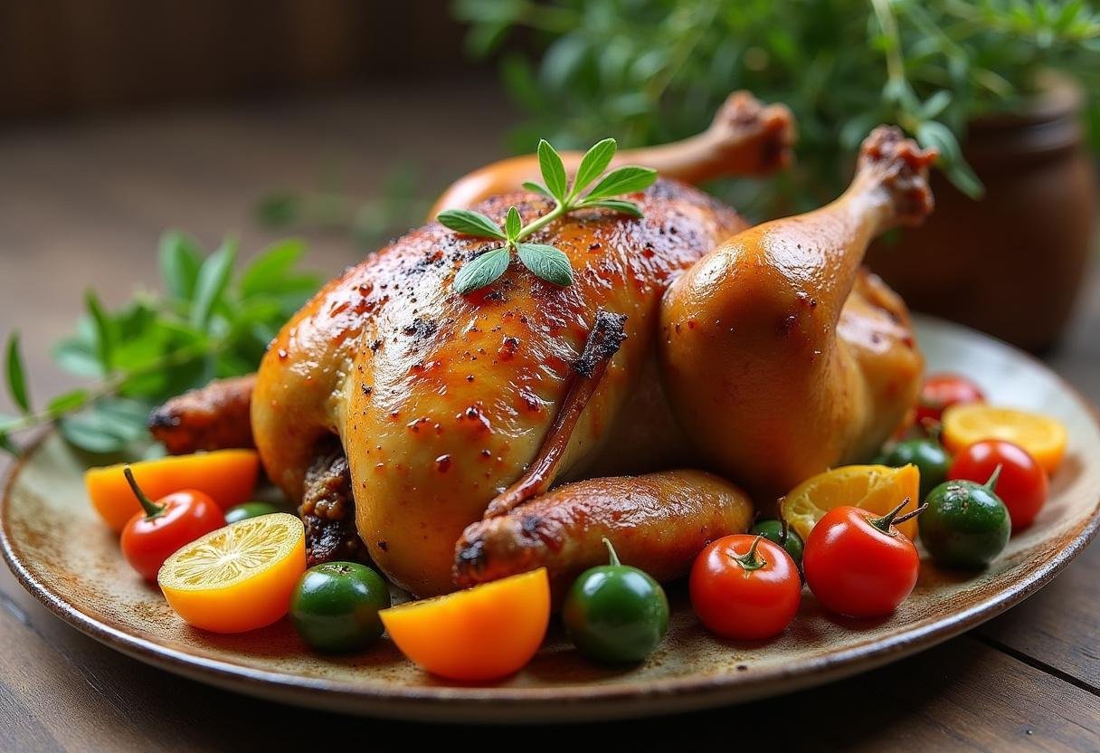 Poulet vallée d'auge servi dans une assiette rustique, décoré d'herbes fraîches et accompagné de légumes de saison.